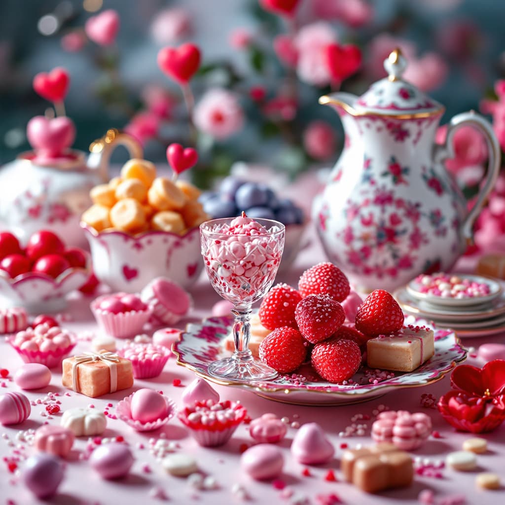 AI generated: a delicious vignette, of many different kinds of colorful valentines day candies artistically displa...