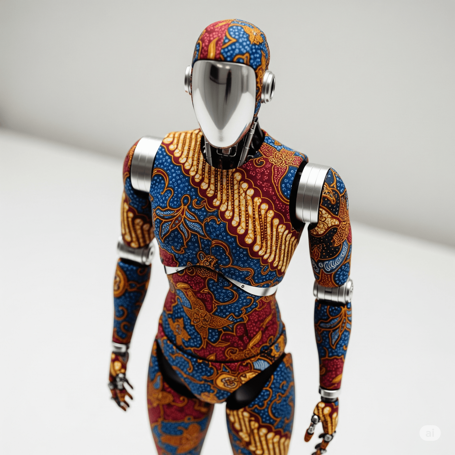AI generated: a robot whose surface is made of Indonesian batik material 