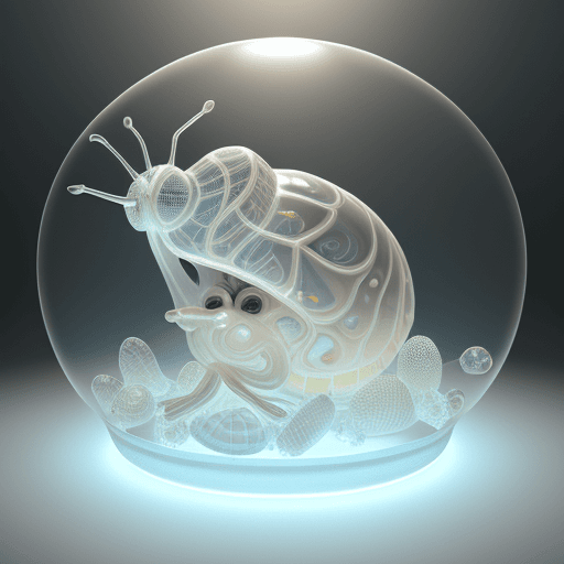 AI generated: Extreme close-up Action shot, 3D Map an image of a serene, faceless cyborg Snail with a highly detai...