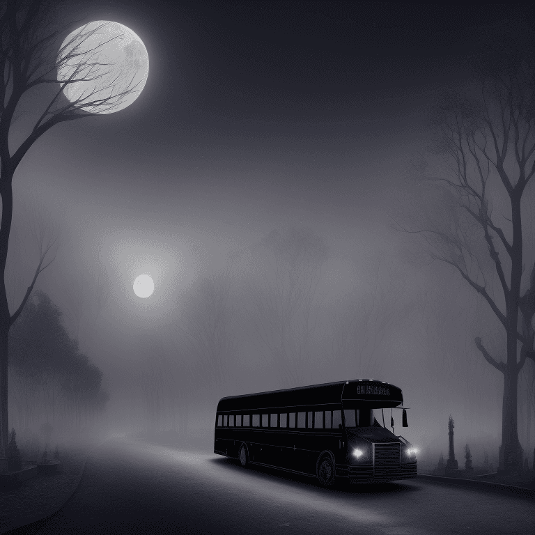 AI generated: angled view of a detailed darkish dark metallic huge school bus at a distance, Dark Fairytale Aesthe...