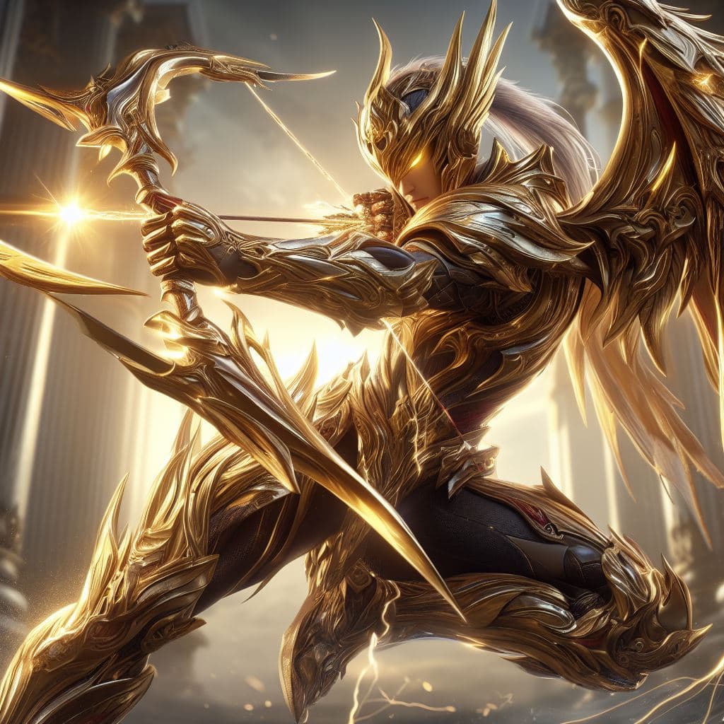 AI generated: full body shot with hyperdimensional totem implants. badass Saint Seiya Sagitarius knight wearing a ...