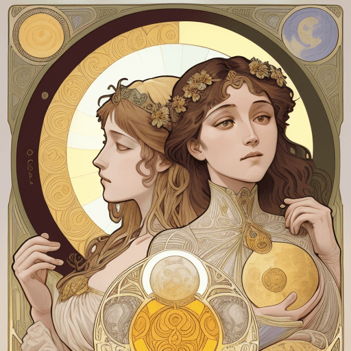 AI generated: the sun and the moon inspired by Alphonse Mucha,  high resolution, intricate geometrical, poster fin...