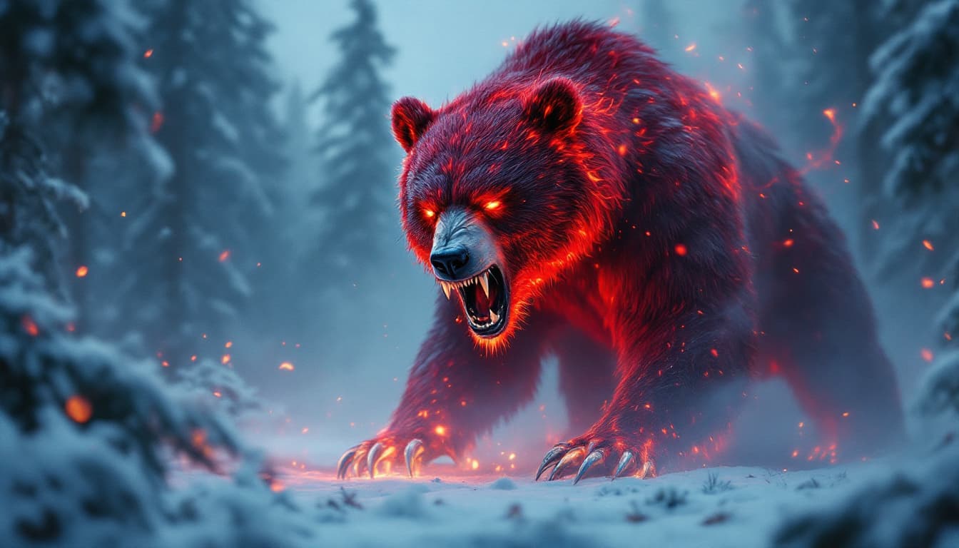 AI generated: A red bear, with sharp claws and flaming fur. In the background, a snowy forest, and the roars that ...