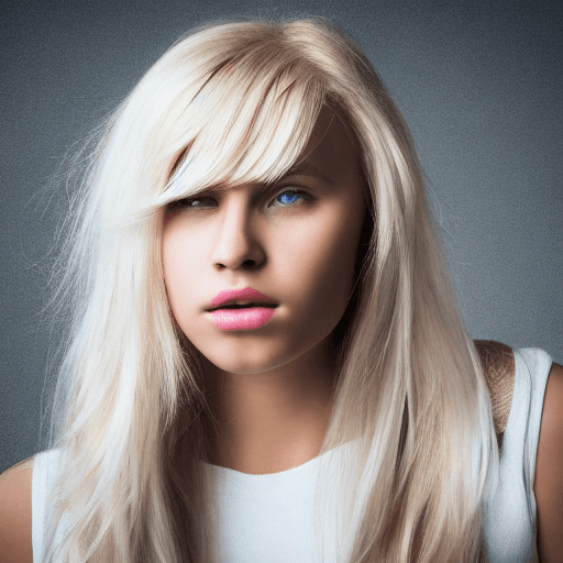 AI generated: photo featuring a girl model, blondy color hair, 300mm f/5. 8, light silver and white, optical, soft...