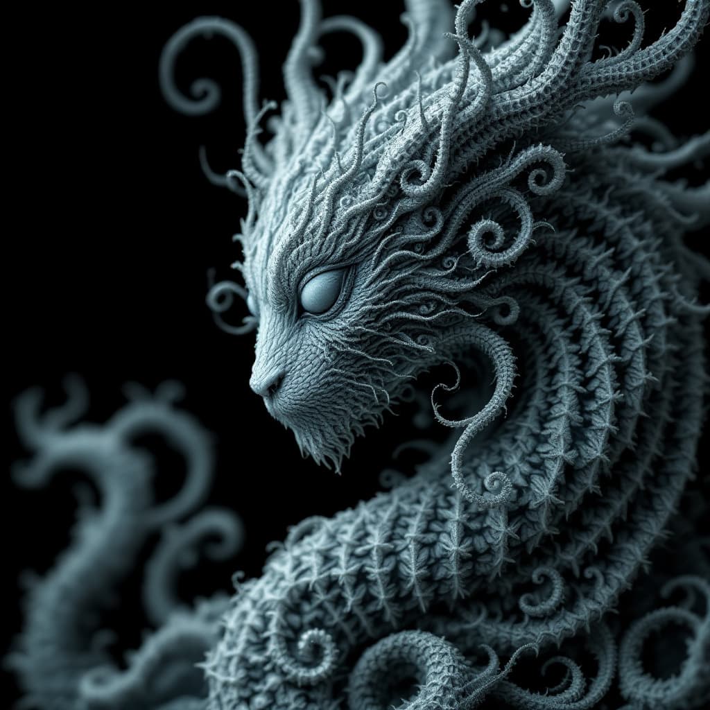 AI generated: close up dof render of a mythical creature made of detailed spiraling fractals and tendrils, detaile...