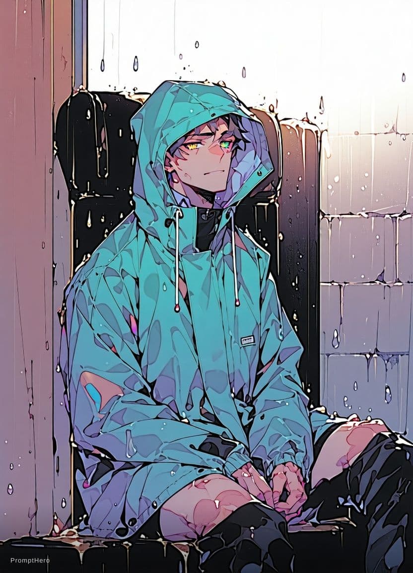 AI generated: absurdres, illustration, male, solo, adult, mature, handsome_male, toned, raincoat, blunt cut, sitti...