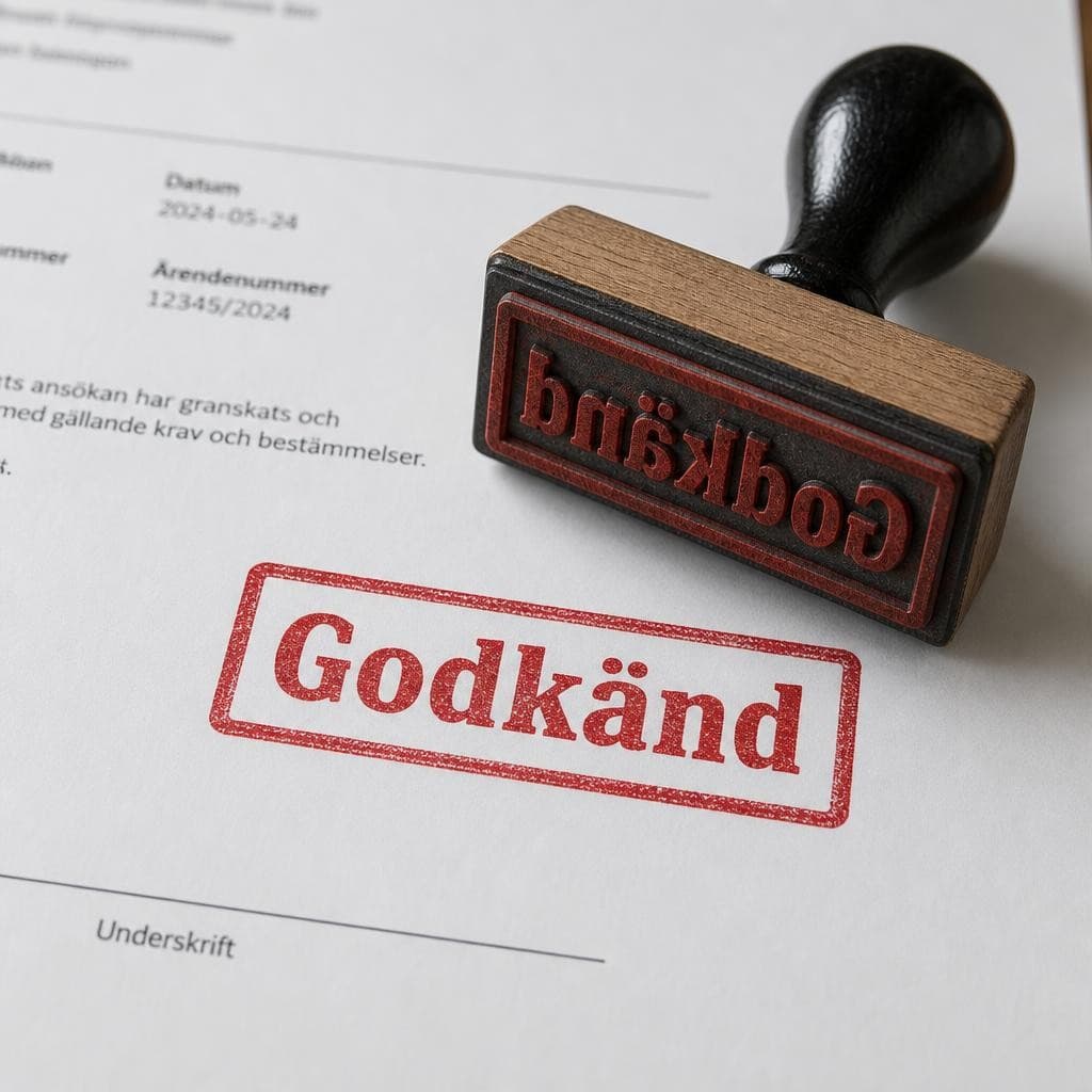 AI generated: a rubber stamp with the text Godkänd stamped on a paper document