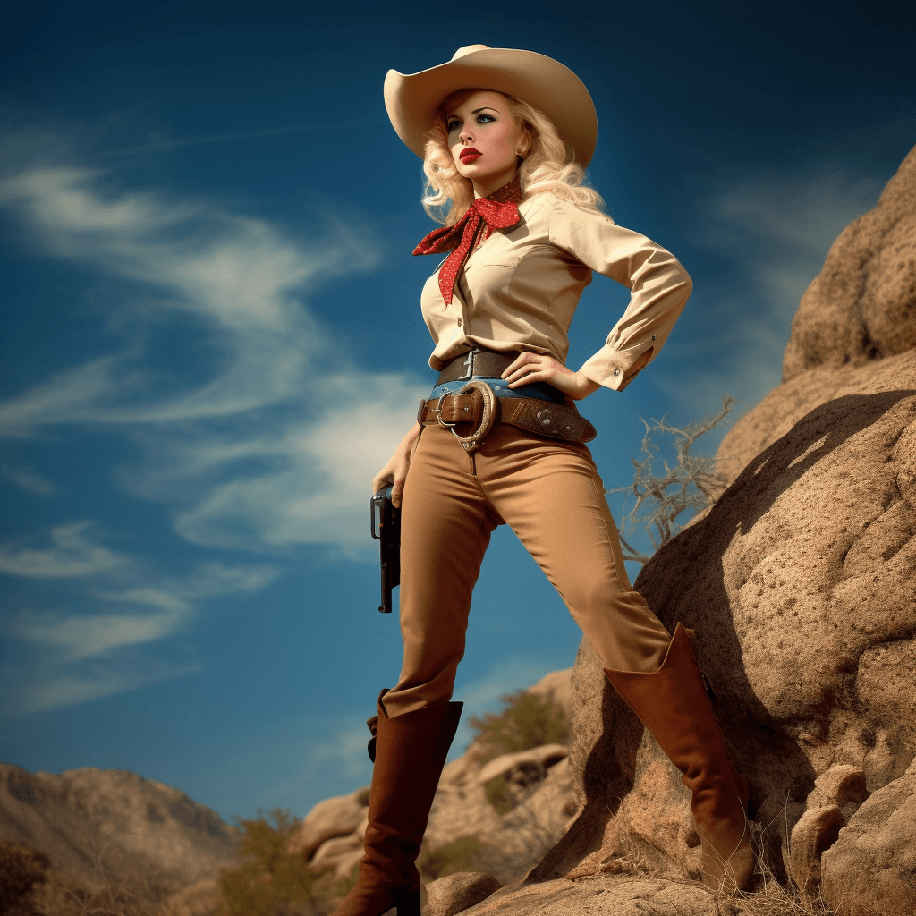 AI generated: a tough western cowgirl full body, has been on the trail for days. She's tired, hungry, and her nerv...