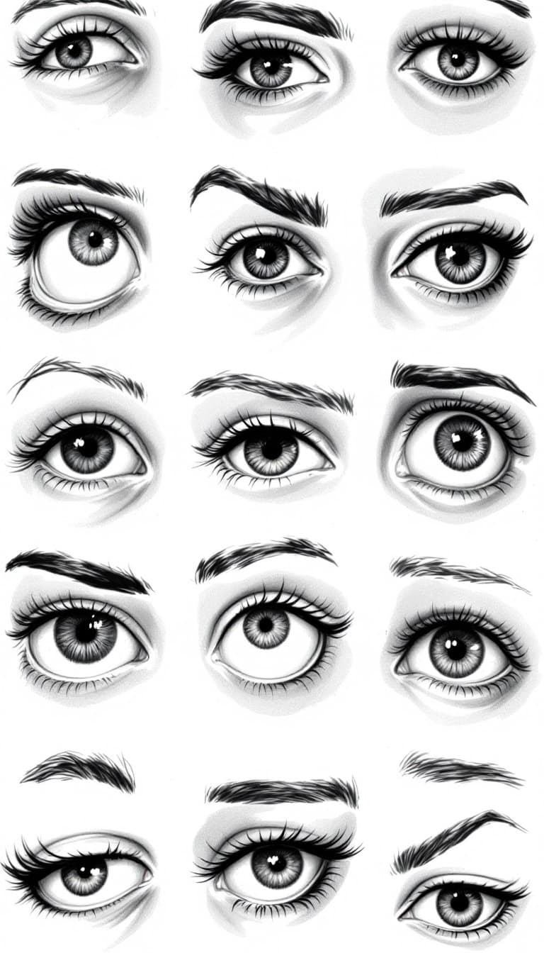 AI generated: Drawing of different sets of eyes from various angles
