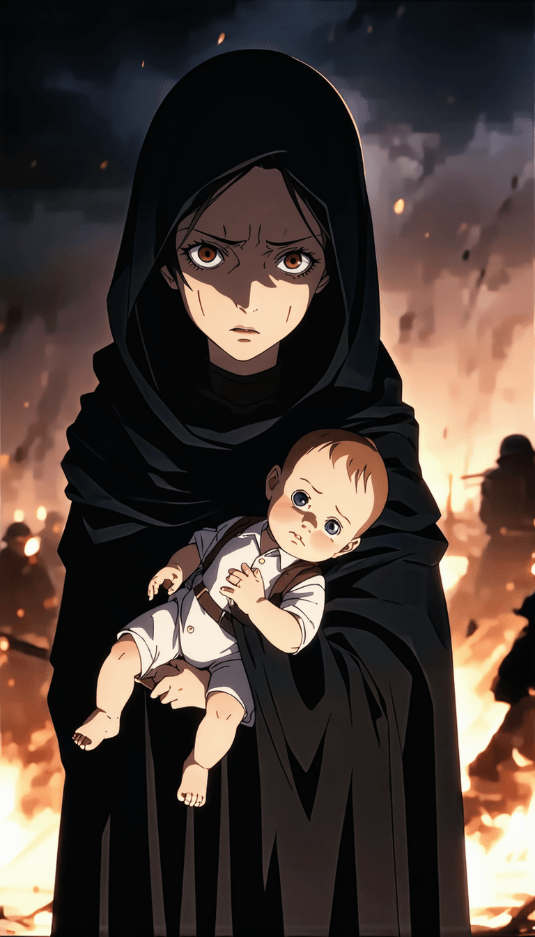 AI generated: 

"Ultrarealistic and dramatic scene: An anime woman with a haunting, depressive expression cradles ...