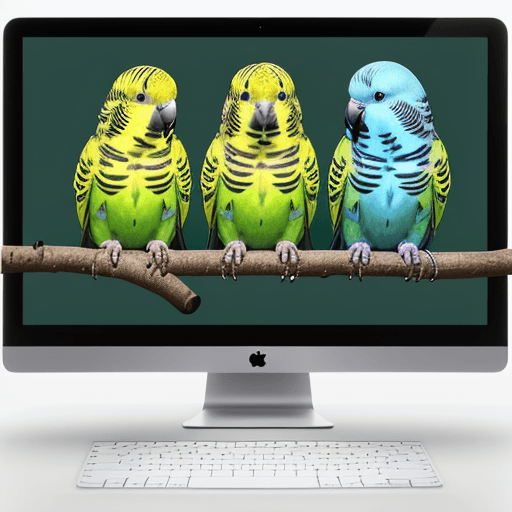 AI generated: 4 budgie parakeets, sitting on a mac monitor. One budgie is all white, 2nd budge has yellow head and...