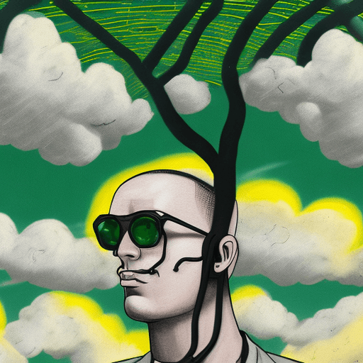 AI generated: man without hair, with vintage black glasses and green eyes, whose gaze is turned towards the sky. W...