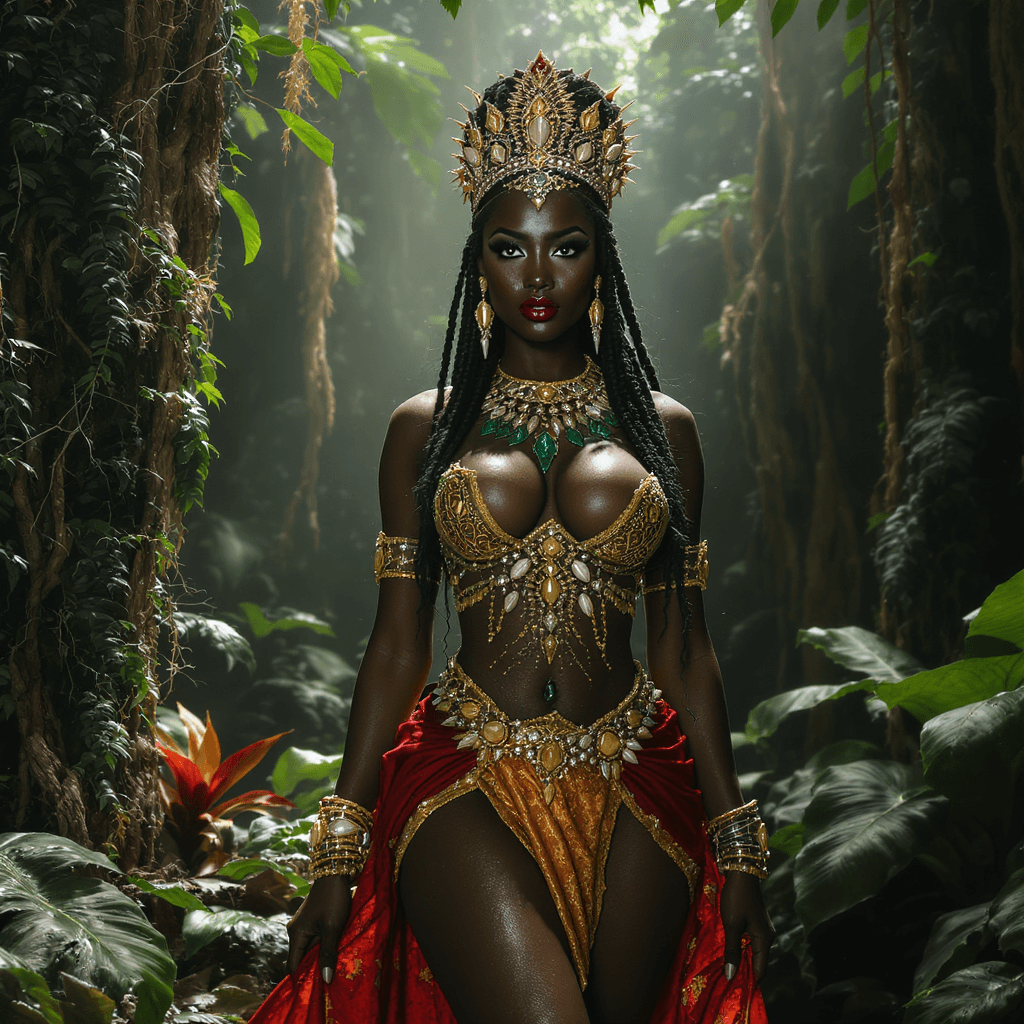 AI generated: A stunningly beautiful African princess stands gracefully in the heart of a lush rainforest. Her dar...