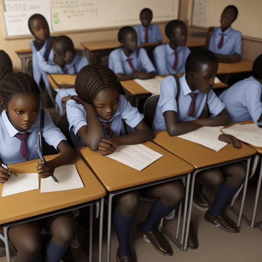 AI generated: A group of 15 African students  in school uniform huddled around a desk, passing notes and whisperin...