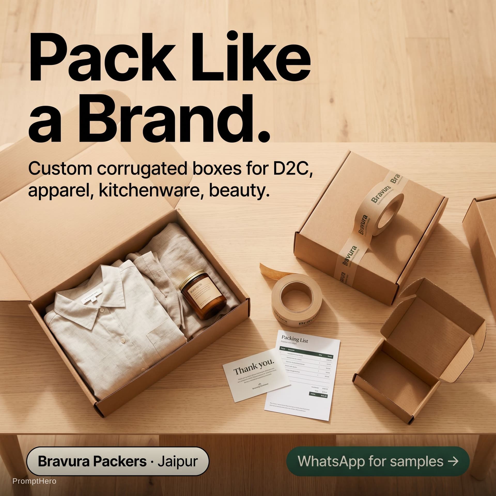 AI generated: Vertical poster, 4:5. Top-down flat lay of an ecommerce packing station on a light wooden table: thr...