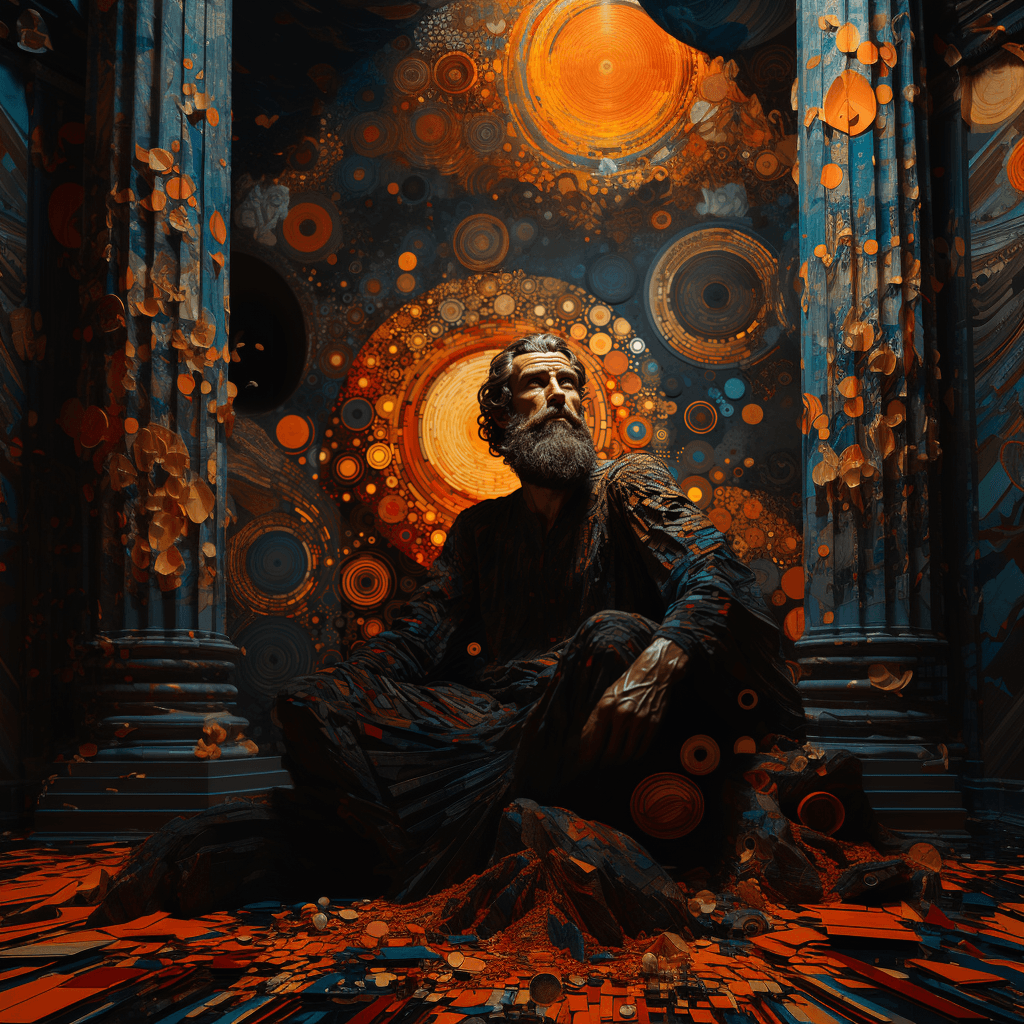 AI generated: fine detailed pointillism painting + low-angle view, ancient greek hero Odysseus in the giant home o...