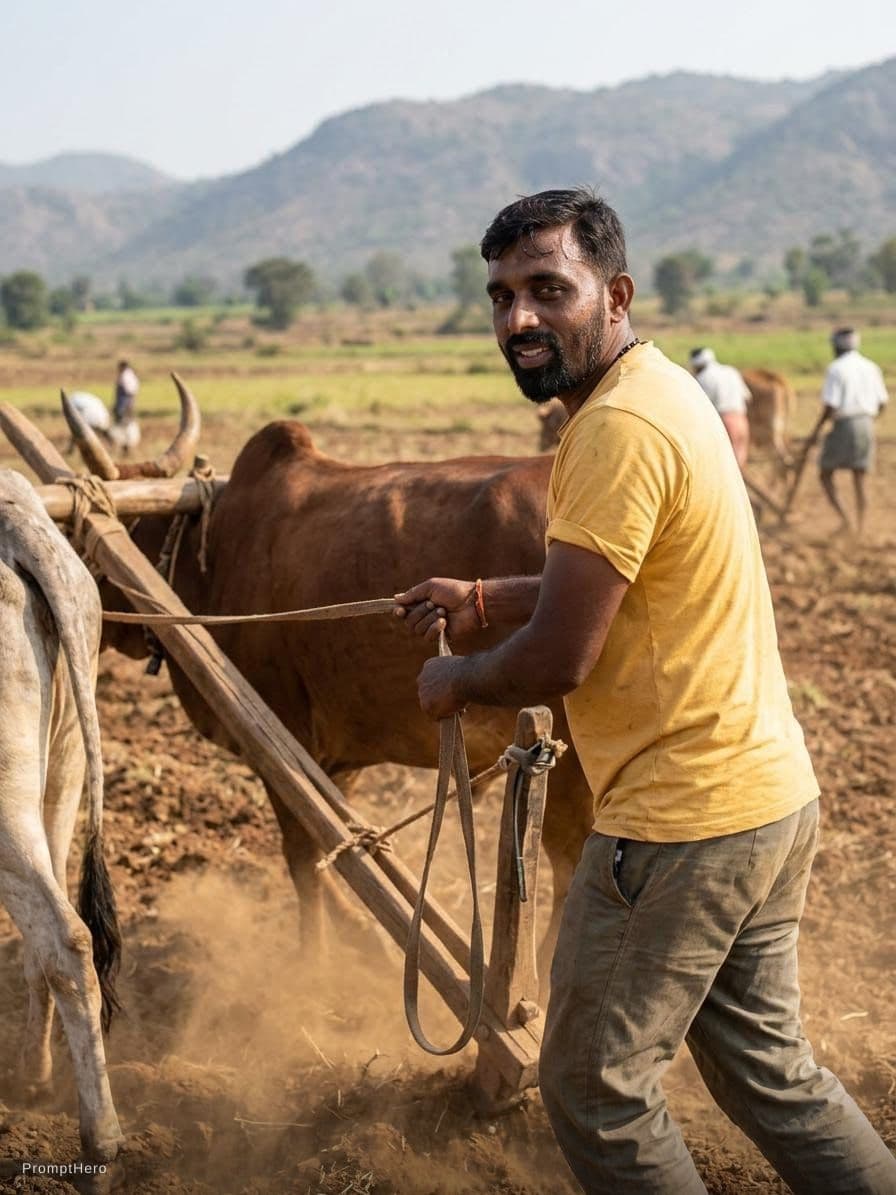 AI generated: In the photo, a man plows the ground with a plow and looks at the camera.
