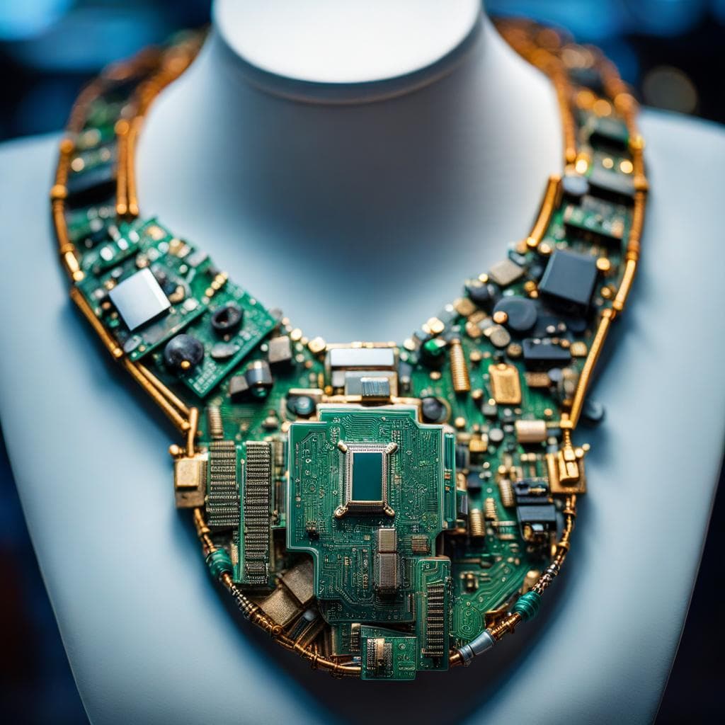 AI generated: Fashion a statement necklace using recycled computer circuit boards, highlighting it's beauty, highl...