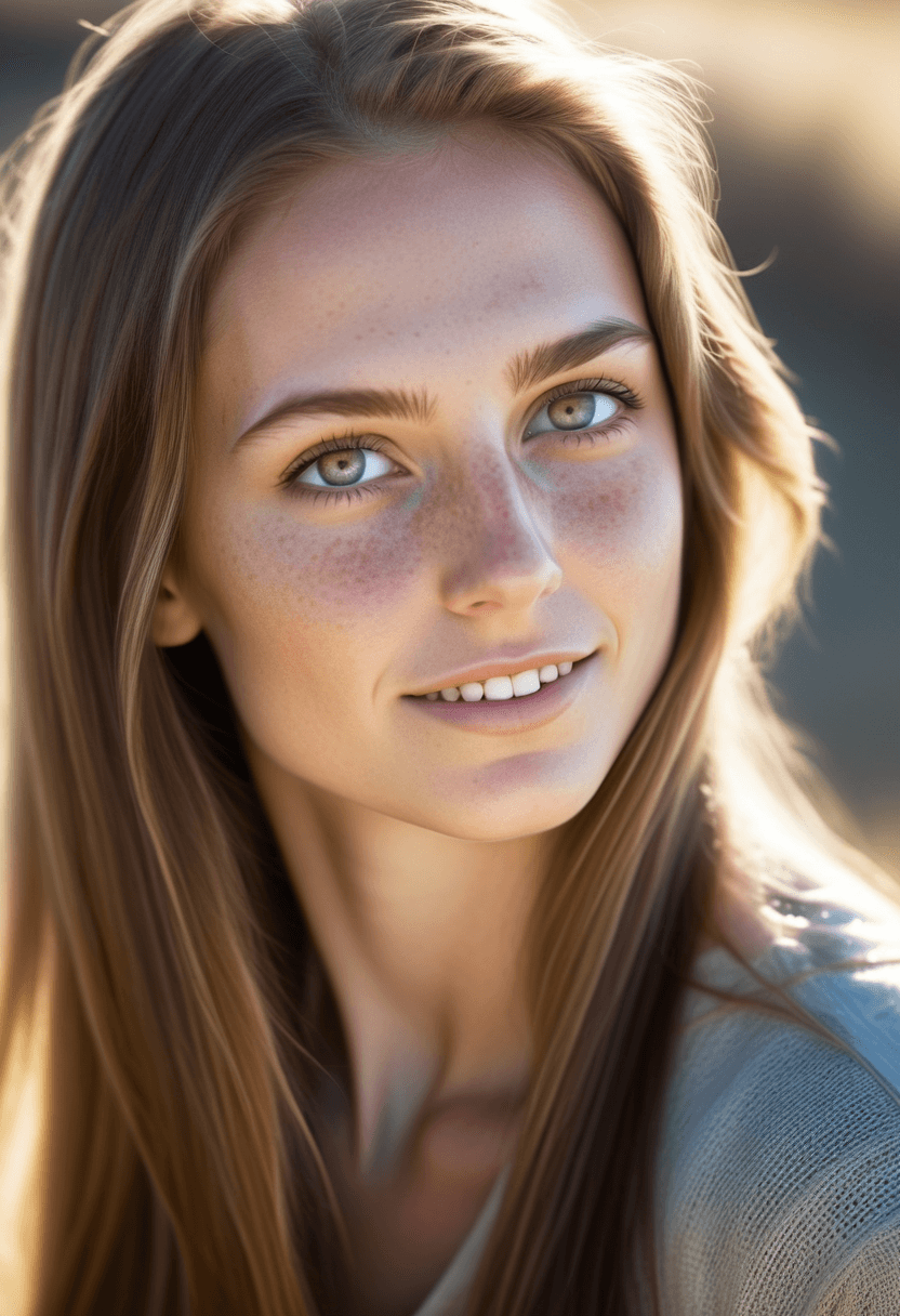 AI generated: This is a photograph of a woman staring at the viewer with light colored eyes and a small grin. Her ...