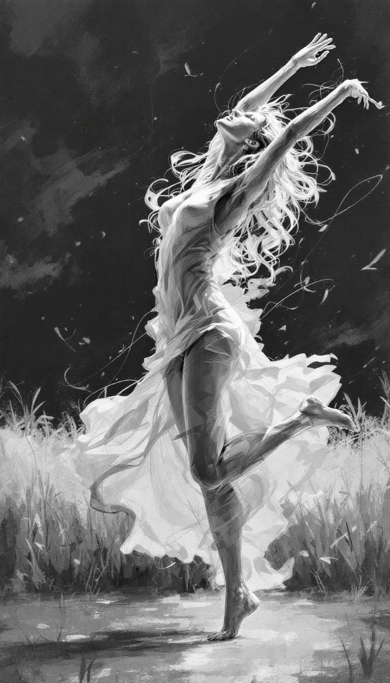 AI generated: Sketch Art, Bold Graphite Lines, Dynamic Brushstrokes, Mesmerizing, Woman in a Field, Dancing Barefo...