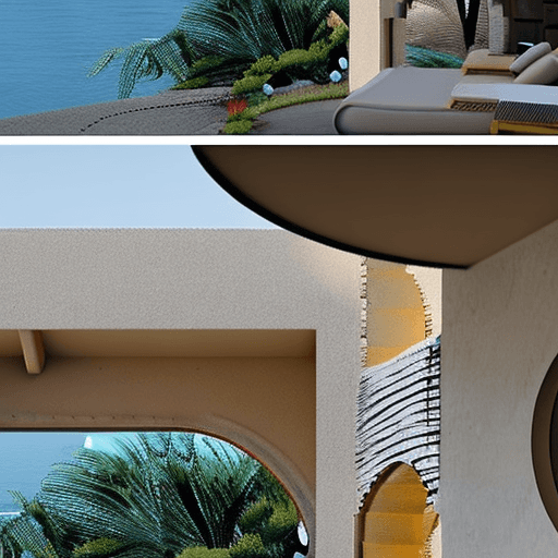 AI generated: close up, A stunning minimal beige seaside villa with a natural stone pool, inspired by Mediterranea...