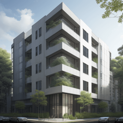 AI generated: residential building gallery, in the modern style, environment with vegetation interdisciplinary art...