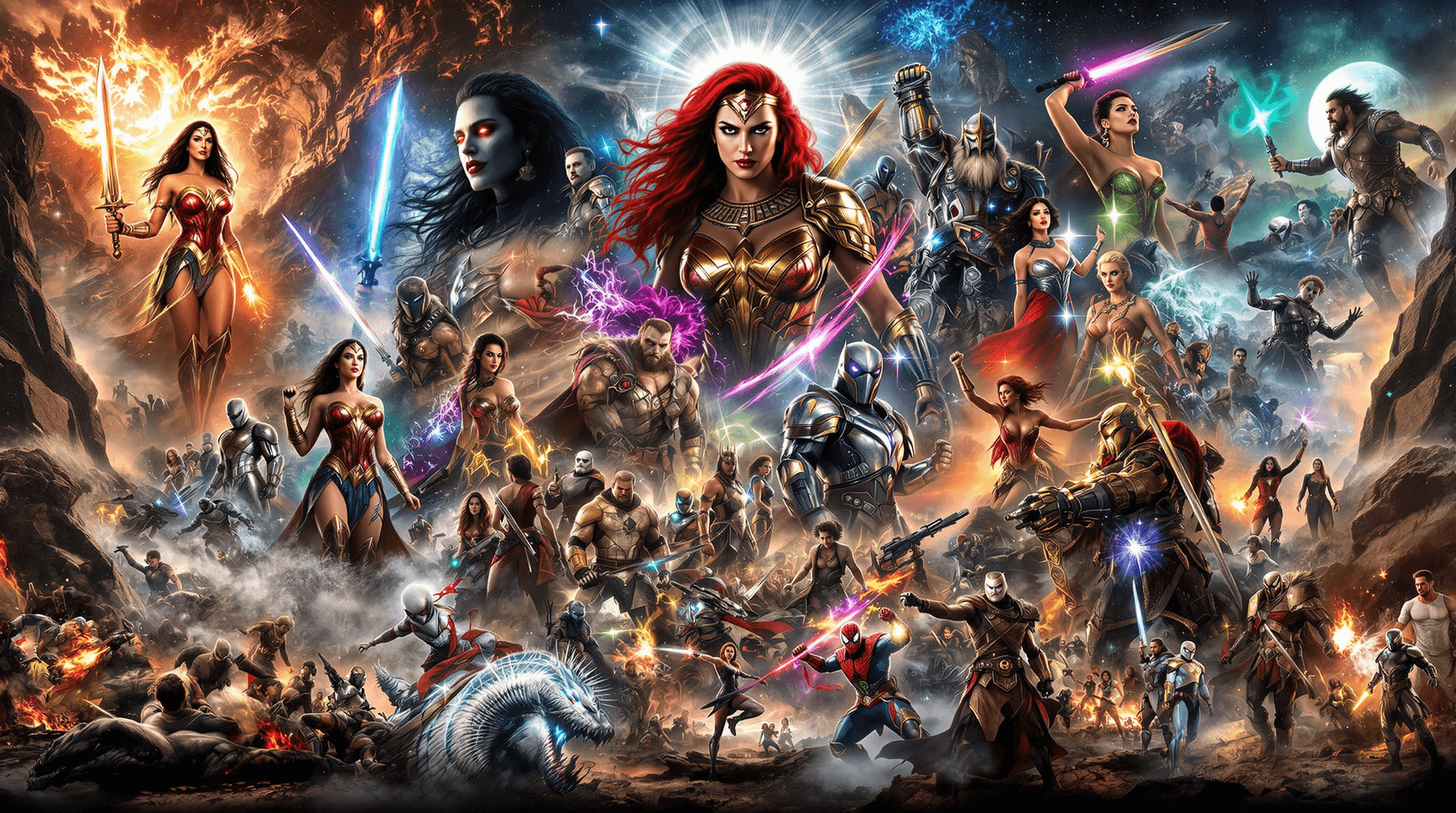AI generated: Hyper-realistic ultra-high-definition panoramic collage of iconic cinematic styles, blending epic fa...