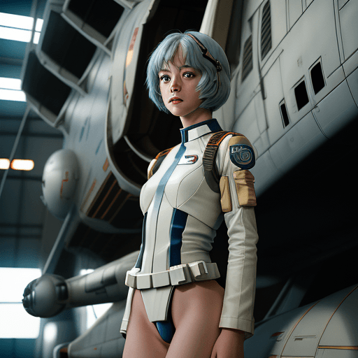 AI generated: Rei Ayanami in Star Wars pilot uniform, preparing for takeoff in a hangar, cinematic lighting, Canon...