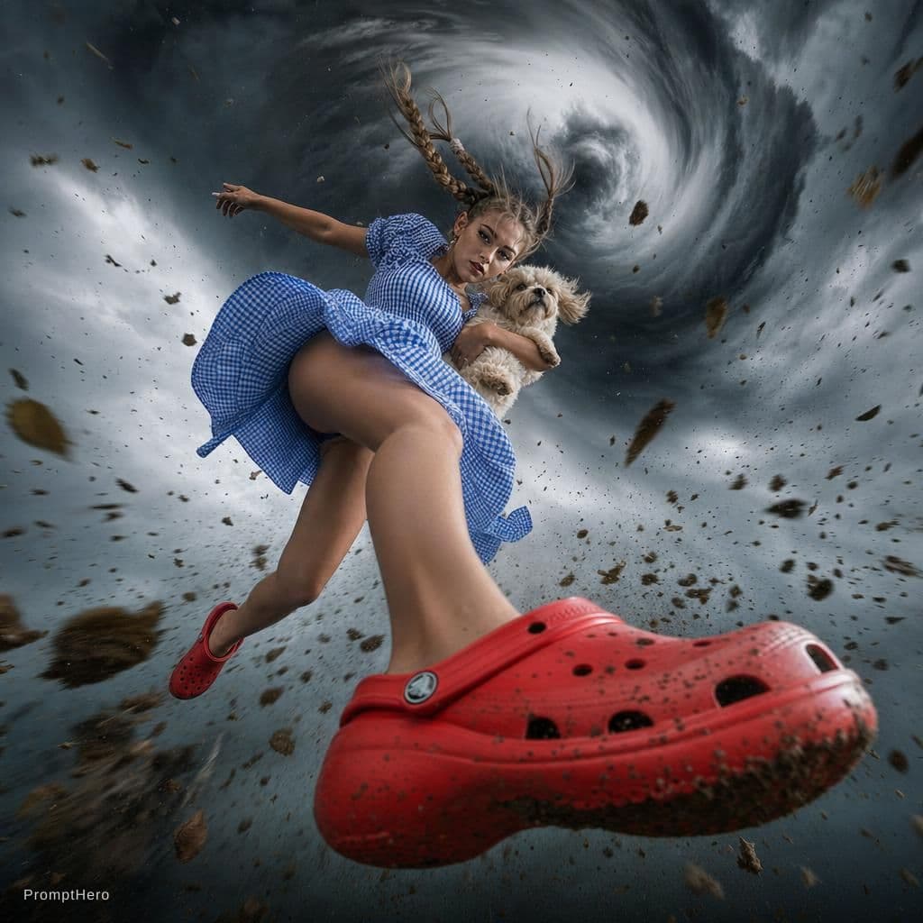 AI generated: {
  "scene": {
    "setting": "inside a swirling tornado",
    "mood": "dramatic and surreal",
 ...