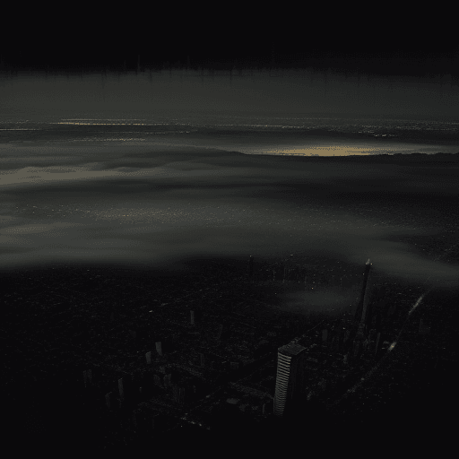 AI generated: nighttime urban cityscape with mists and dark shadows