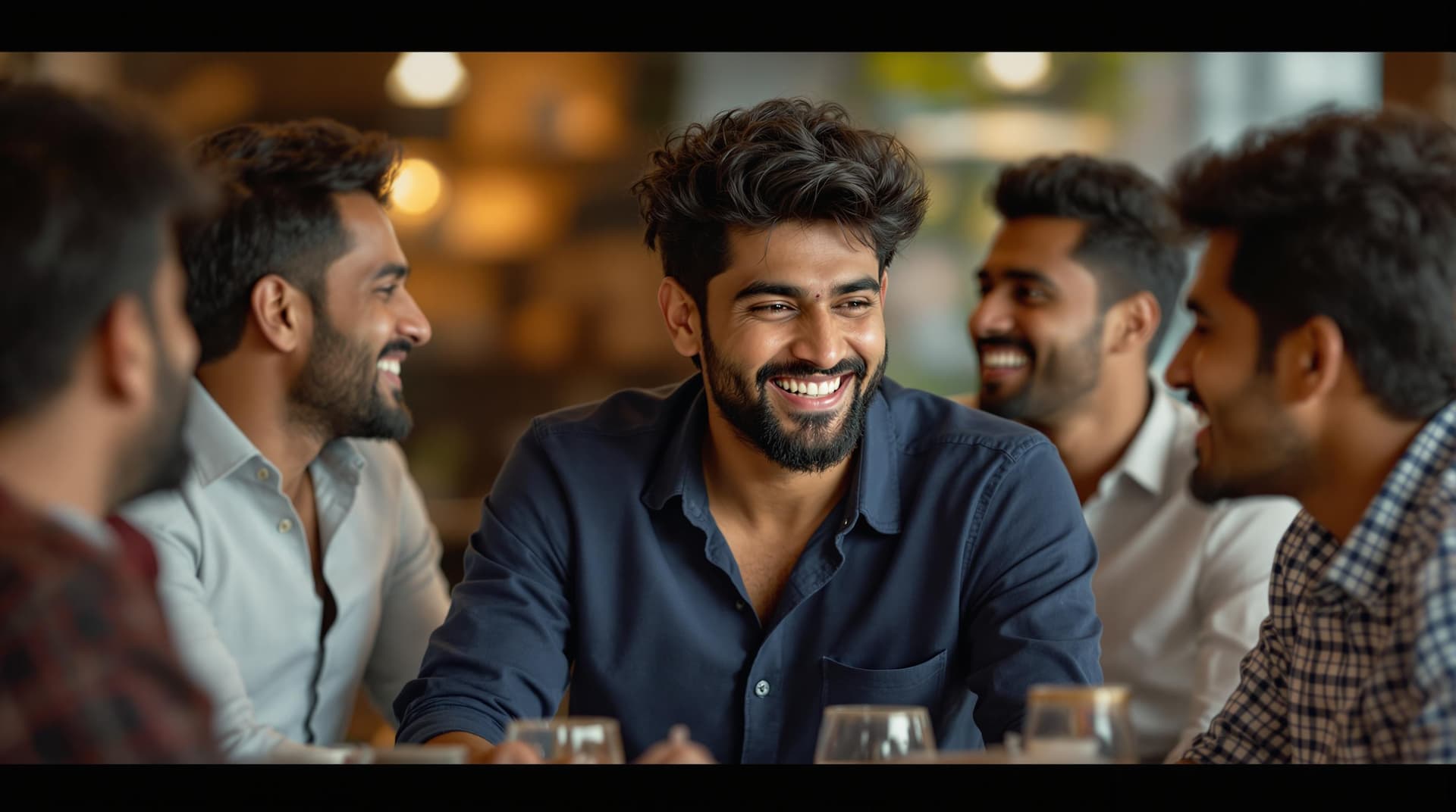 AI generated: (Cinematic UHD, group of Indian friends in a casual café, playfully teasing a young Indian man weari...