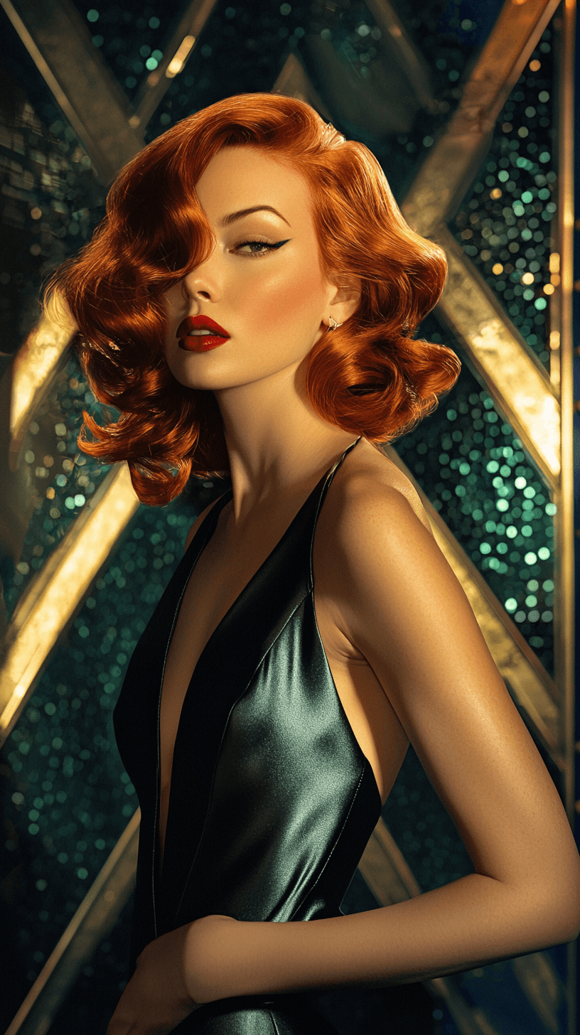 AI generated: A sultry portrait of a woman with fiery red hair, in the style of Tamara de Lempicka and Mario Testi...