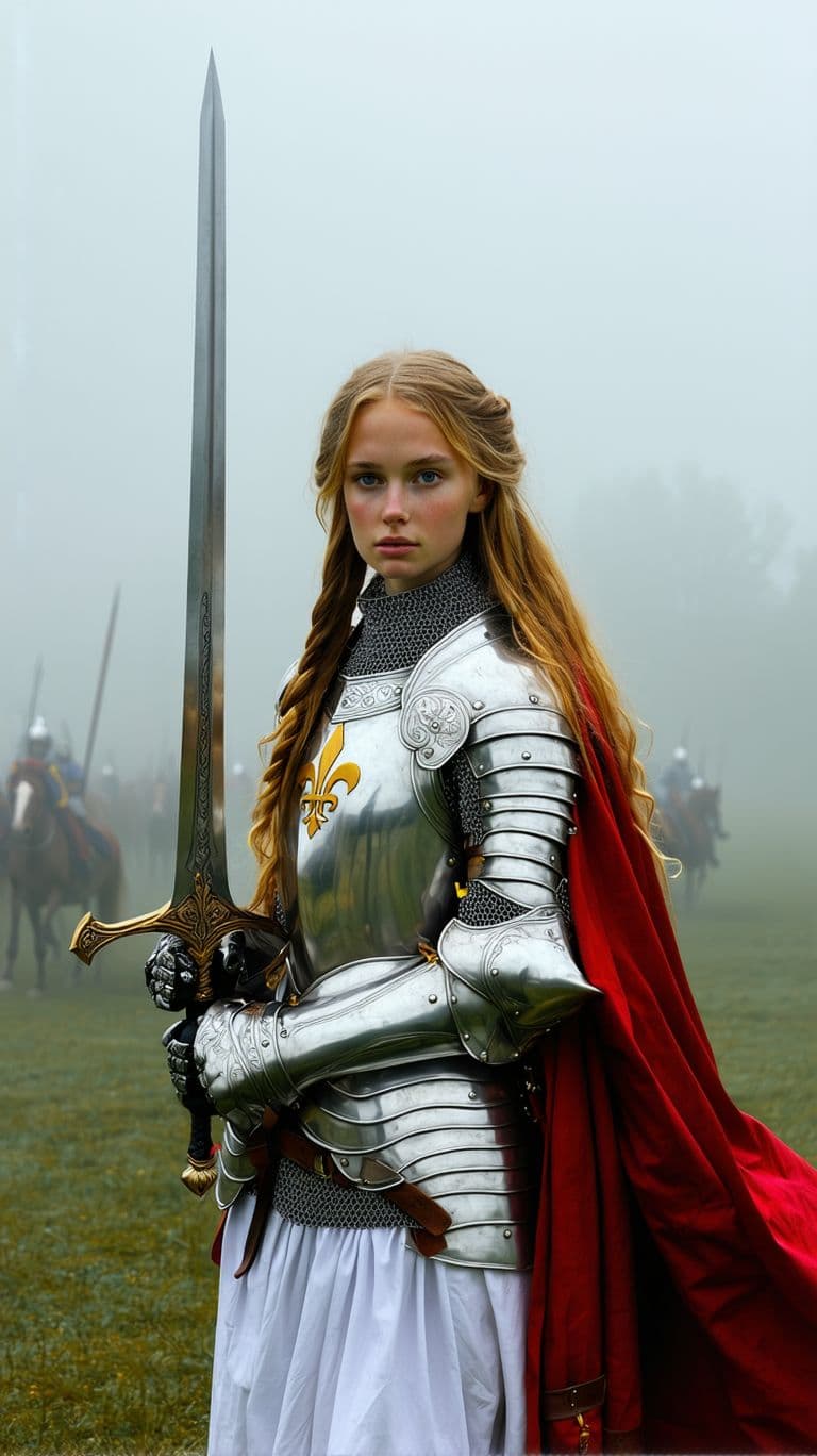 AI generated: A young French woman in her early twenties, with fair skin, piercing blue eyes, and flowing golden h...