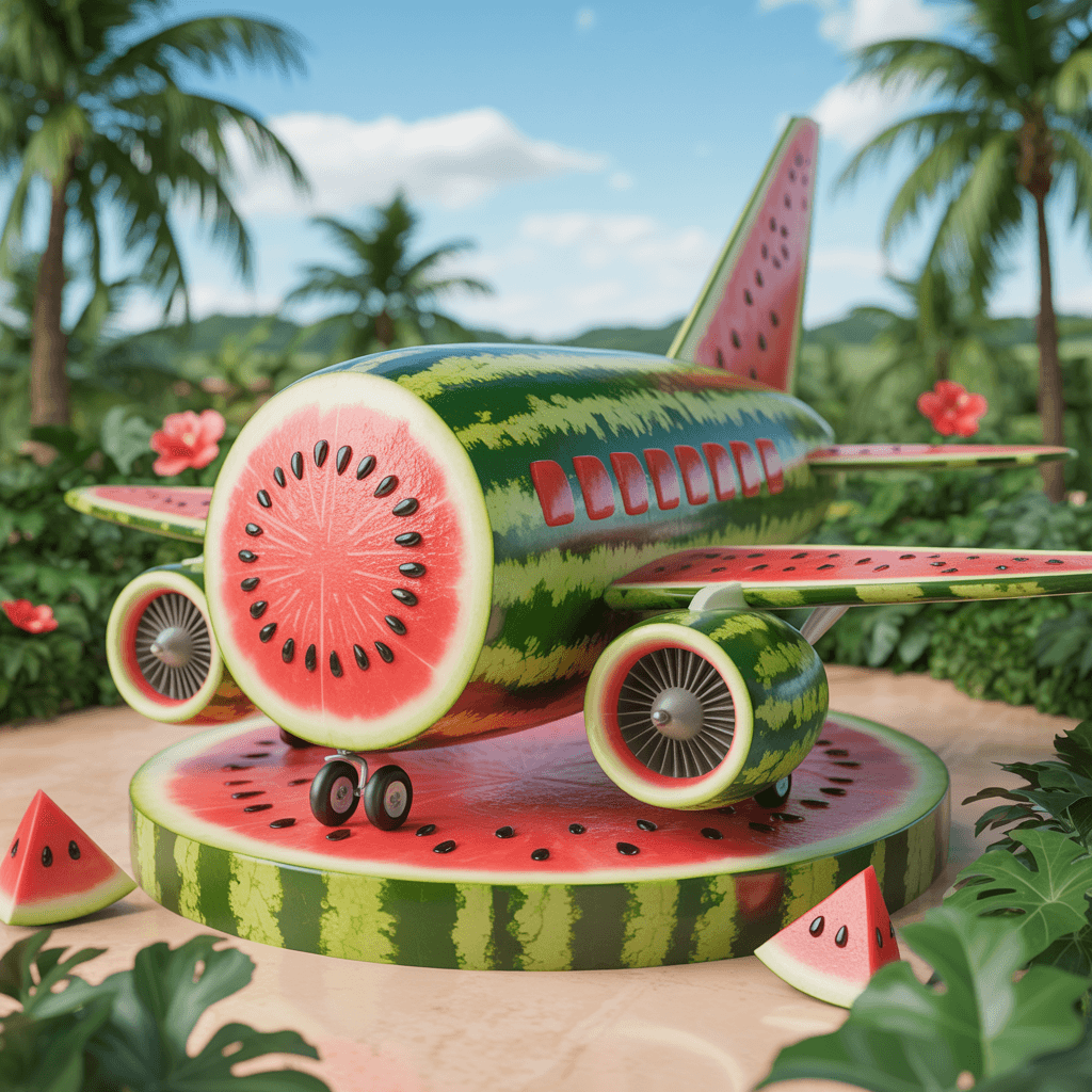 AI generated: Create a highly detailed, whimsical 3D digital rendering of an airplane sculpture made entirely from...