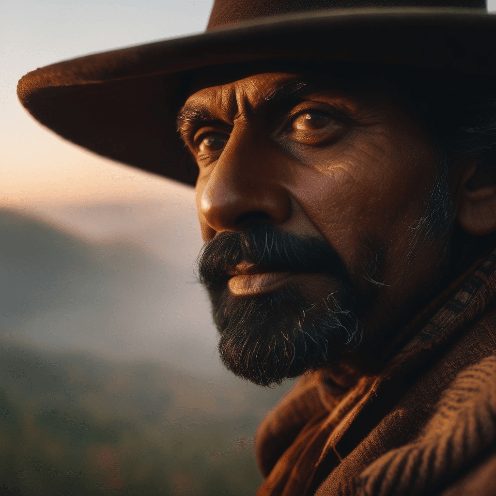 AI generated: A cinematic movie extreme close-up still of an Indian artist in the autumn at sunset, centered, look...