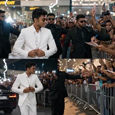 AI generated video: “A cinematic, ultra-realistic celebrity arrival sequence shot on ARRI Alexa with anamorphic lenses, ...