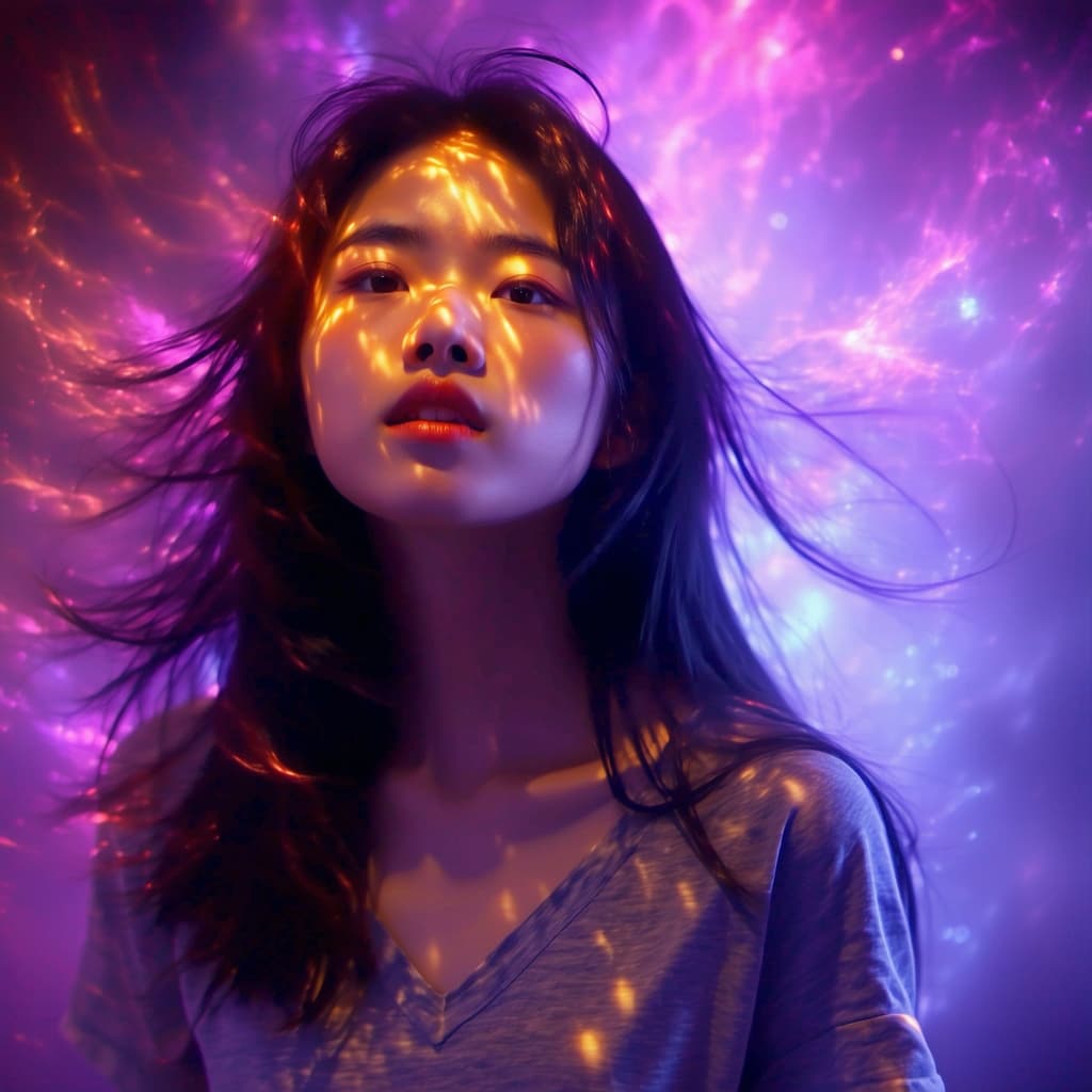 AI generated:  In high definition, trippy, a cosmic background, surrealistic, photo of an Asian girl with long hai...