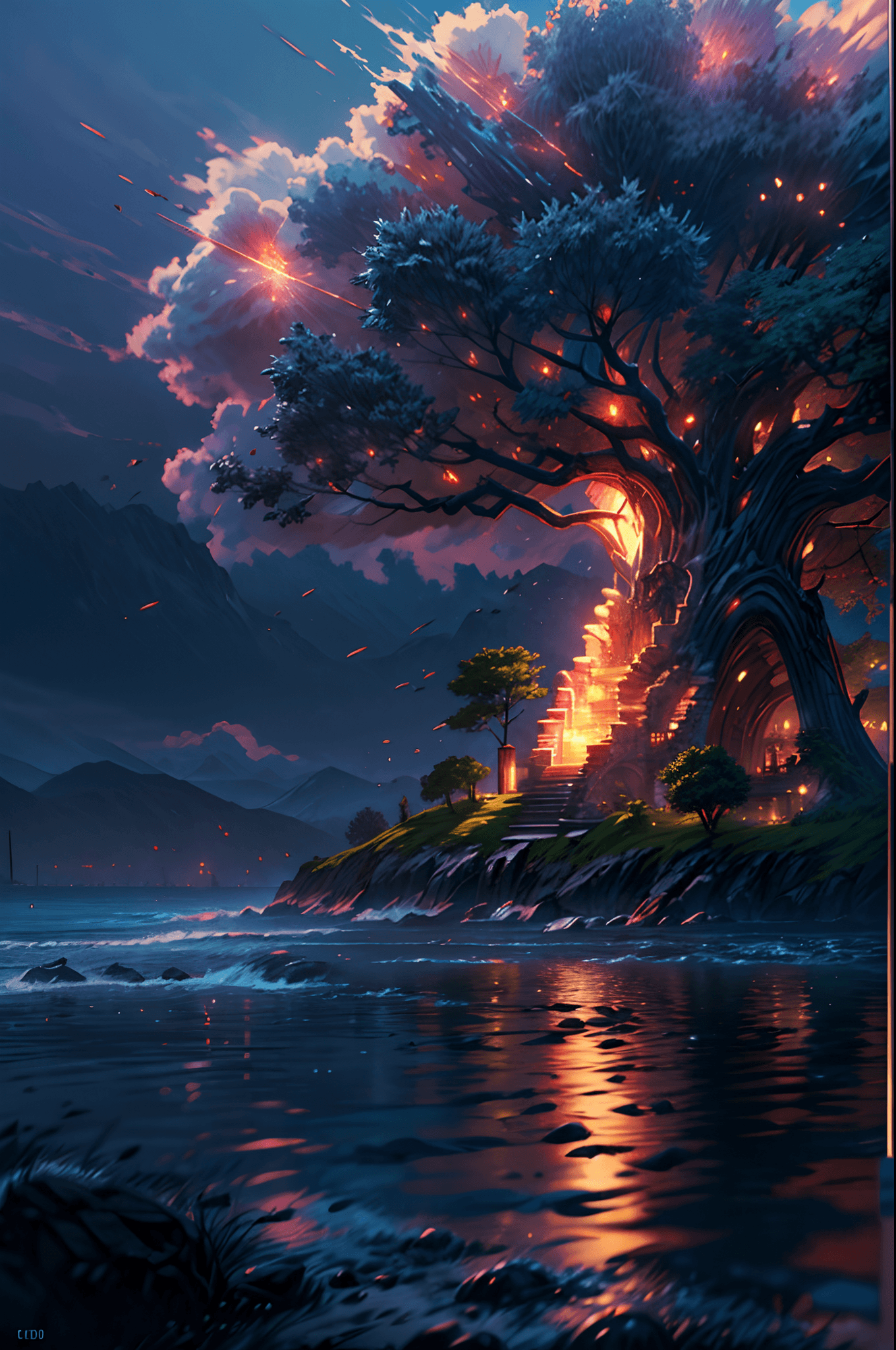 AI generated: 100 mm shot, cinematic shot, award winning CGI, perfect angle, (island Yggdrasil tree, middle of the...