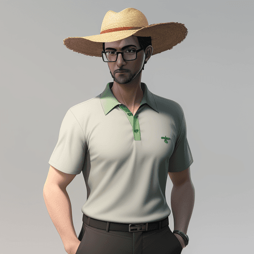AI generated: A men, gray short hair, black glasses, straw hat,  wearing a  green polo collar shirt written TBDC, ...