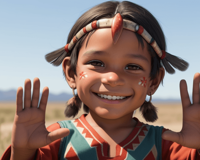AI generated: realistic image of an indigenous child smiling and waving with his hand without ornaments, makeup, o...