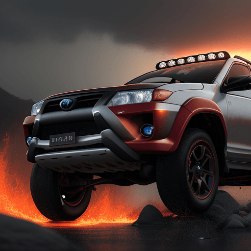 AI generated: Photo of a ultra realistic radical super toyota rav 4 of futur, on fire, dramatic light, pale sunris...