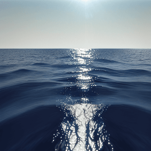 AI generated: view from the water surface of an empty ocean with no waves, a distant angled horizon, and hazy sky....