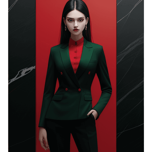 AI generated: fashion cover, front view, upper-body, woman model,  black marble wall, red suit, green shirt,red pa...