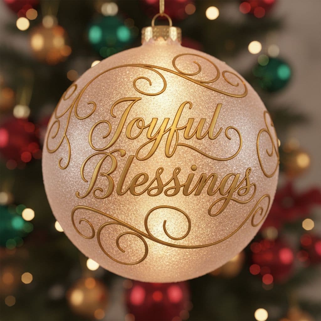 AI generated: Christmas ornament close-up background, text in Arizonia Script, elegant curves