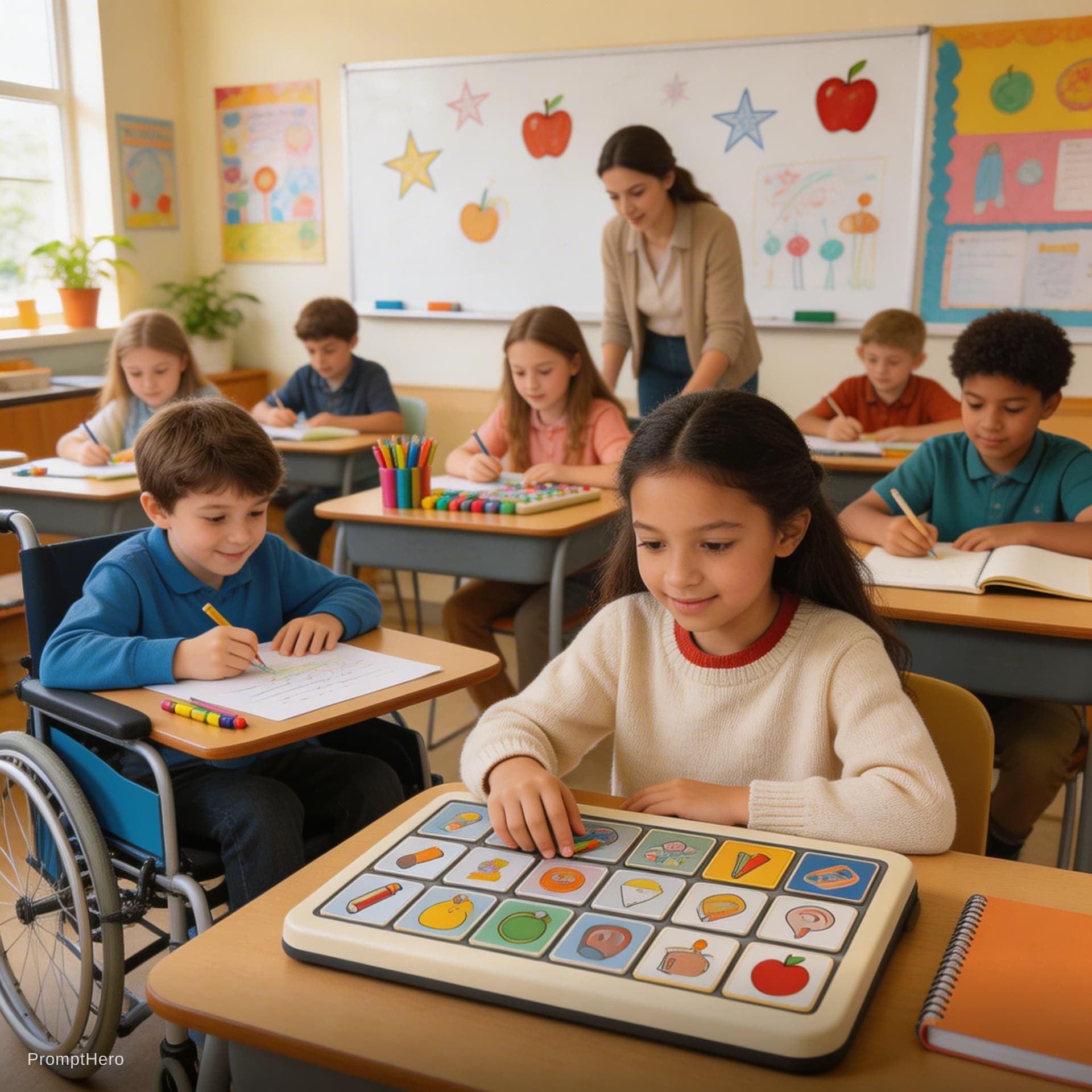 AI generated: nens i nenes treballant en una aula amb diferents propostes i accés. Hi ha nens en cadires de rodes,...