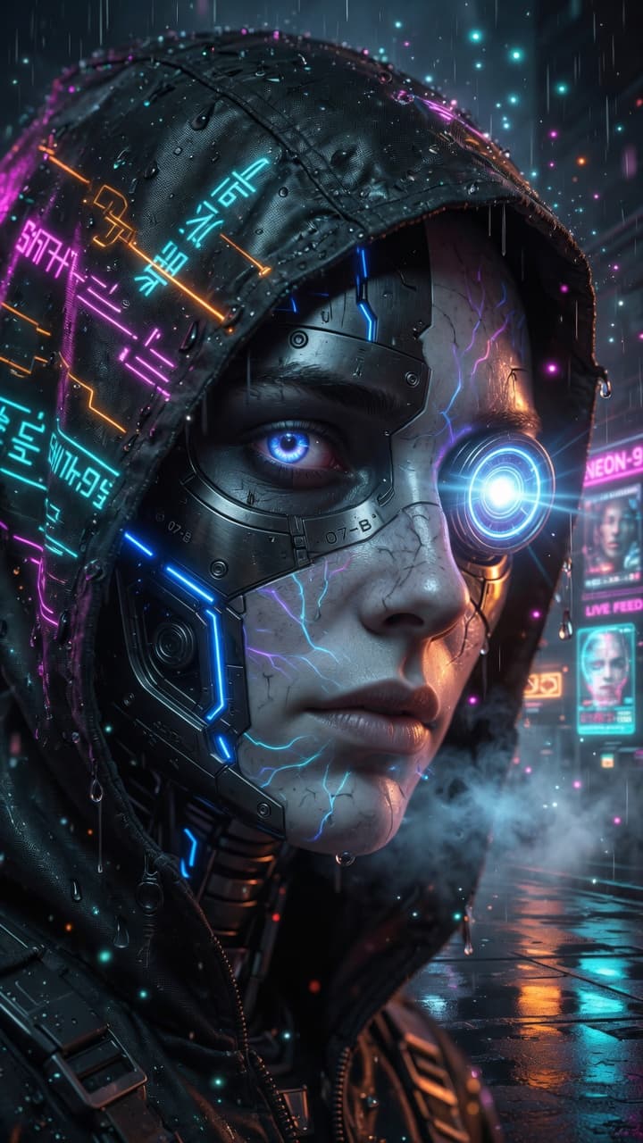 AI generated: Ultra-realistic close-up portrait of a dark sci-fi horror character with a glowing, cinematic atmosp...