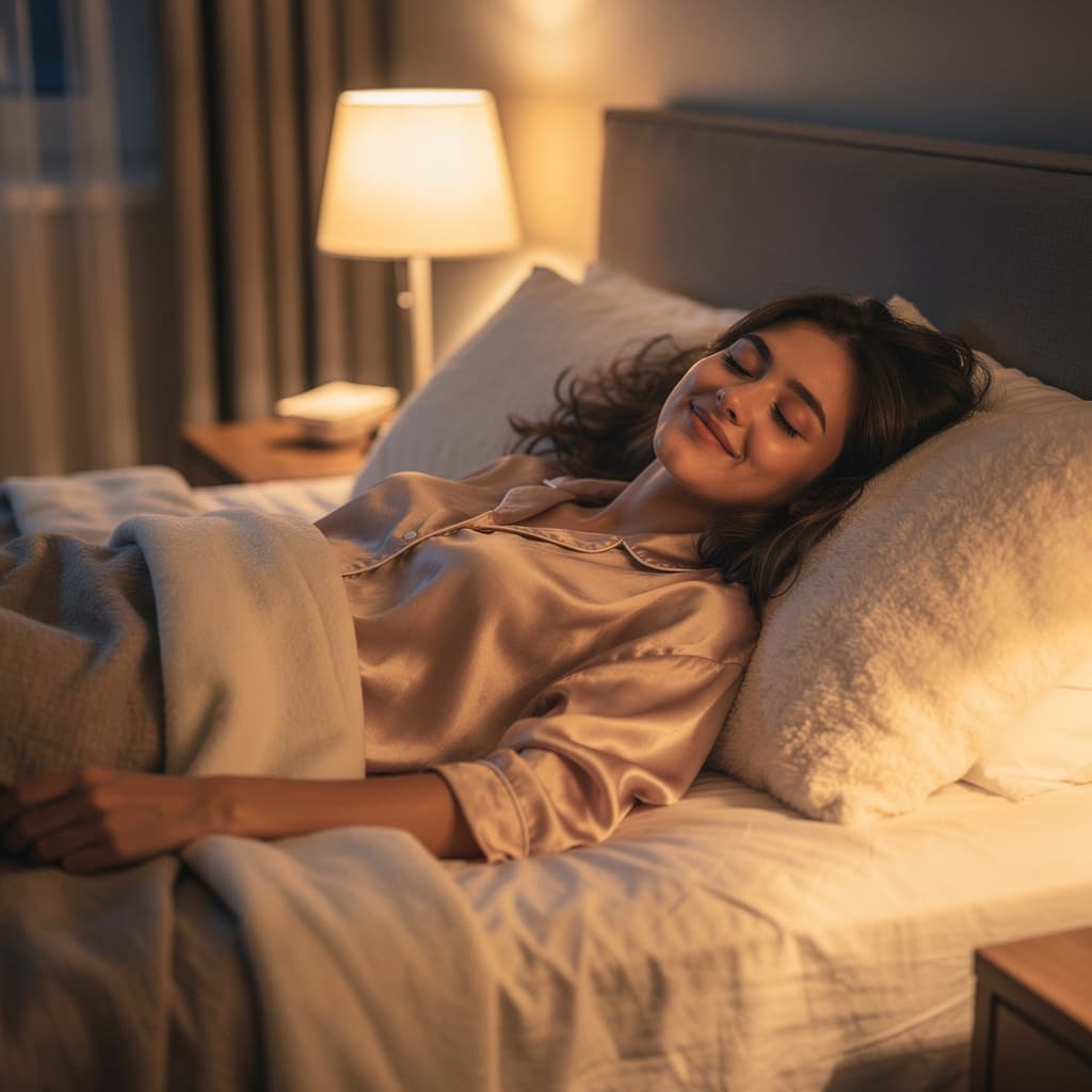 AI generated: she is lying in her bed, her breasts are wide open an she has a satisfied mimics on her face