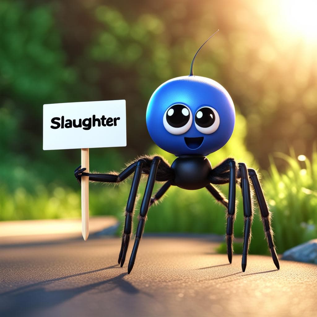 AI generated: A cute spider holding a sign with the words "slaughter" written on, Pixar style, 3D render, 8k resol...