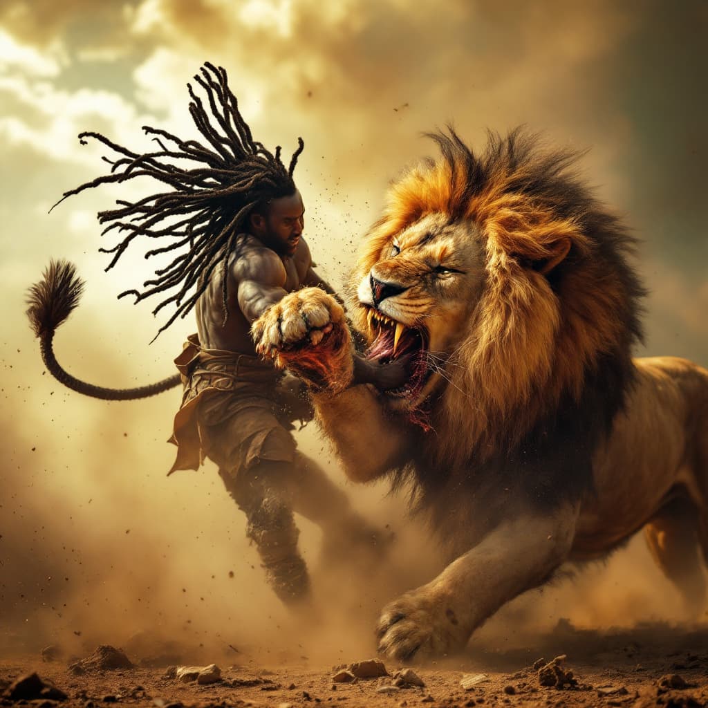 AI generated: Apowerful black african with dread locks in vicious battle with a very huge lion in which the black ...