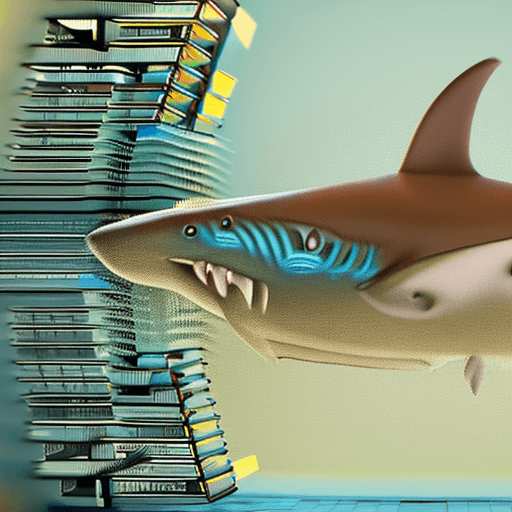 AI generated: The shark is in the depths, there is a lot of graffiti on its side, and a wide angle, intricate artw...